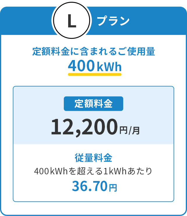 Lプラン 定額料金に含まれるご使用量400kWh 定額料金12,200円/月