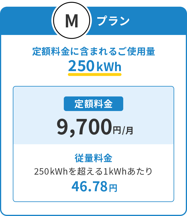 Mプラン 定額料金に含まれるご使用量250kWh 定額料金9,800円/月
