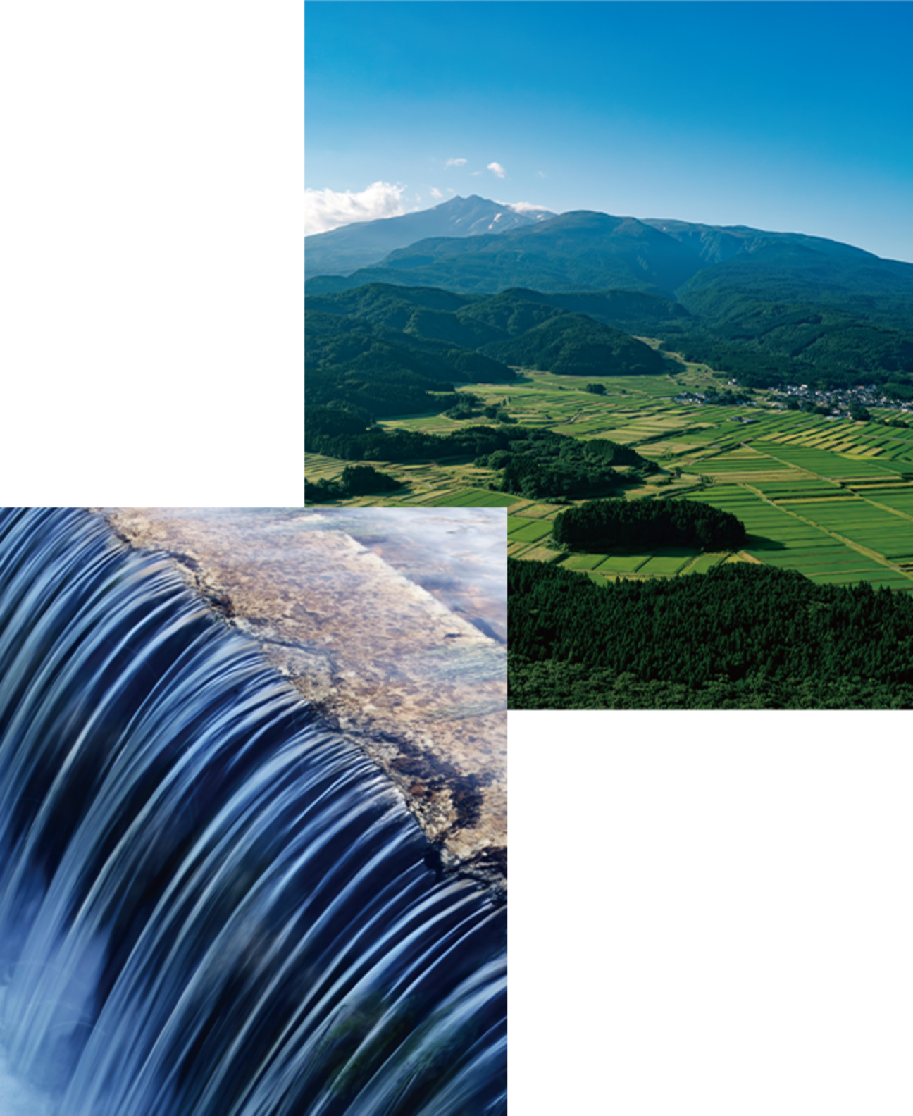 秋田の自然風景。右側には山々に囲まれた緑豊かな棚田、左側には岩肌を激しく流れる滝のクローズアップ写真。